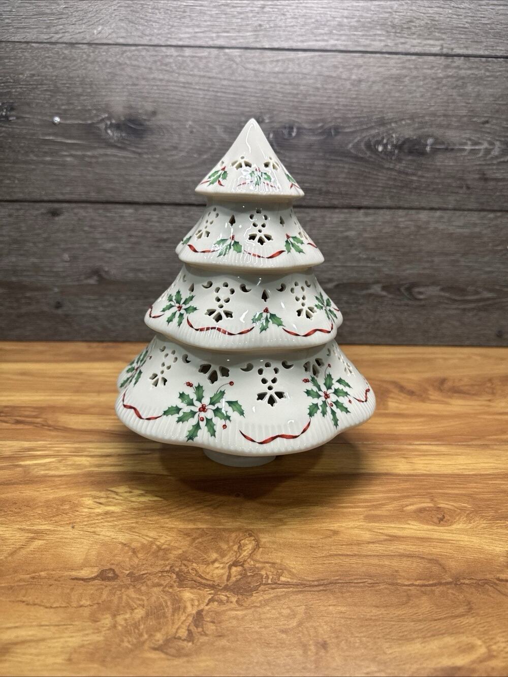 Lenox Holiday Christmas Tree Luminary Votive Holder Pierced 10" Tall 8" Base